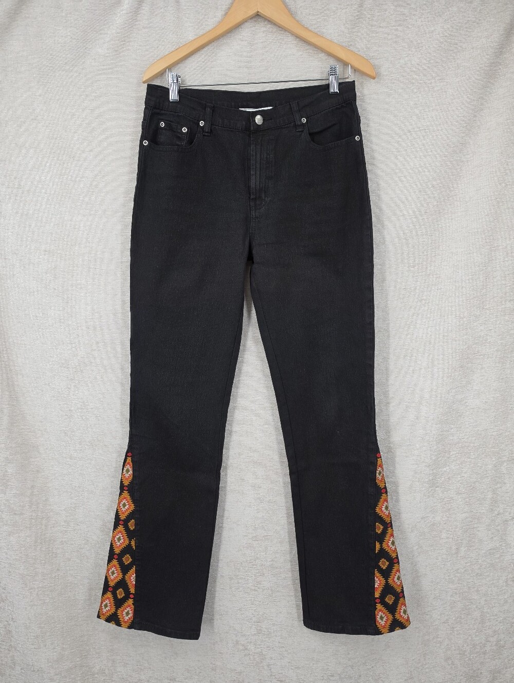 Diane Gilman Black Denim Flare or Bootcut Jeans with Embroidered Aztec Western